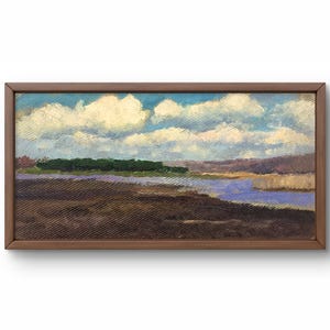Pintura al óleo paisaje original, pintura al óleo sobre cartón, paisaje otoñal, río a lo largo del bosque, cielo azul, arte hecho a mano, sin marco