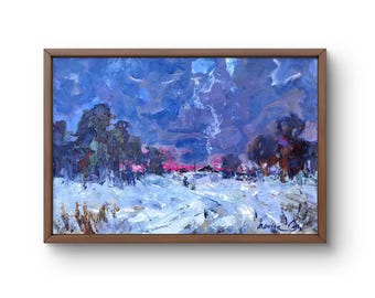 オリジナル冬の風景油絵：星空のコテージアート（12x8インチ） - Etsy 日本