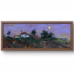 Pintura a óleo paisagem original, pintura em papelão, paisagem de noite de aldeia, arte artesanal, natureza, cenário de verão sem moldura, arte de parede