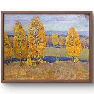 Pintura al óleo paisaje original, pintura al óleo sobre cartón, árboles dorados de otoño con el telón de fondo de un campo abierto, arte hecho a mano