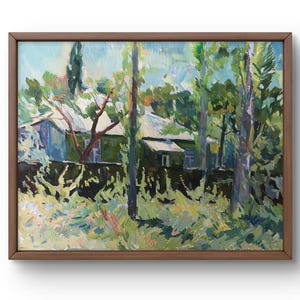 Pintura a óleo paisagem original, pintura em papelão, paisagem de aldeia, arte artesanal, natureza, sem moldura, paisagem de árvores, arte de parede