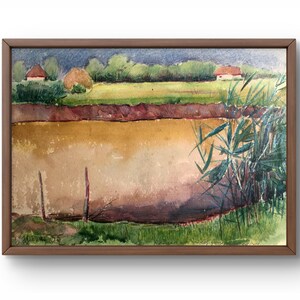 Dipinto ad acquerello originale, paesaggio, campagna con laghetto tranquillo, vegetazione lussureggiante, arte fatta a mano, senza cornice