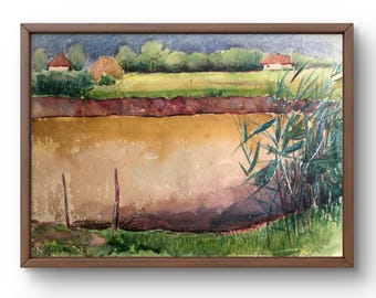 Watercolor painting landscape original, watercolor painting, countryside with a quiet pond, lush greenery, handmade art, unframed