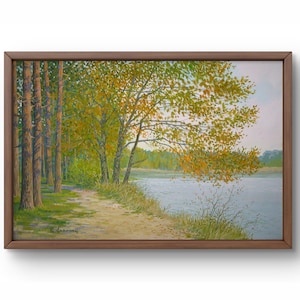 Acrylic painting landscape original, acrylic painting on canvas, autumn landscape by the lake, trees with autumn leaves, handmade art