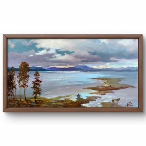 Pintura al óleo paisaje original, pintura sobre cartón, paisaje de río, arte hecho a mano, naturaleza, sin marco, paisaje de otoño, arte de pared