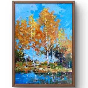 Pintura a óleo paisagem original, pintura em papelão, cenário de outono, arte artesanal, natureza, sem moldura, paisagem de lagoa, arte de parede