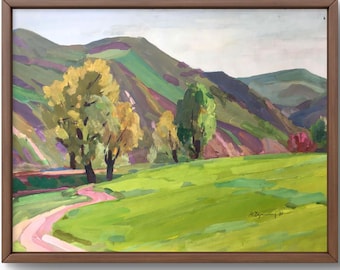 Gouache painting landscape original, painting on paper, mountains landscape, handmade art, nature, unframed, meadows landscape, wall art