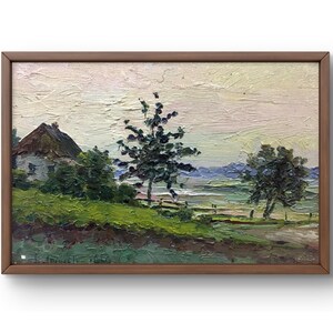 Pintura al óleo paisaje original, pintura al óleo sobre cartón, casa en el pueblo rodeada de vegetación verde, arte hecho a mano, sin marco