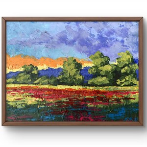 Pintura al óleo paisaje original, pintura sobre cartón, paisaje de prados, arte hecho a mano, naturaleza, sin marco, paisaje de árboles, arte de pared