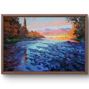 Oil painting landscape original, painting on canvas, river landscape, handmade art, nature, unframed, mountains landscape, wall art