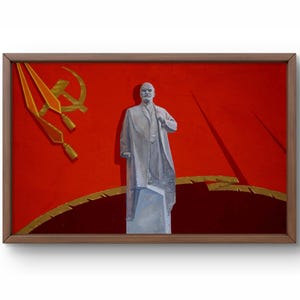 Pintura a óleo realismo social original, pintura mista sobre papelão, monumento de Lenin, fundo vermelho brilhante, arte feita à mão, sem moldura