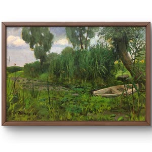 Pintura al óleo paisaje original, pintura al óleo sobre cartón, escena costera con exuberante vegetación, barco de madera, arte hecho a mano, enmarcado, arte de pared