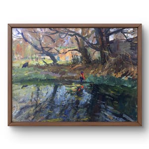 Pintura a óleo paisagem original pintura a óleo sobre papelão outono rio azul paisagem artesanal arte natureza sem moldura árvores marrons arte de parede