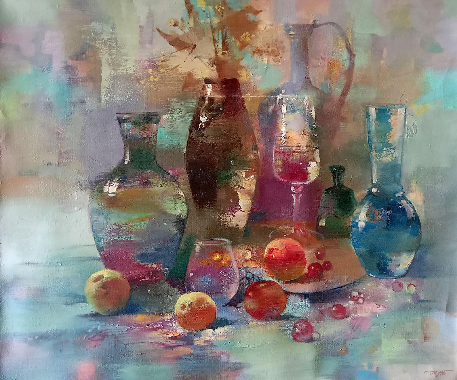 Oil Painting Still Life Original, Oil Painting, Bright Glass Vessels