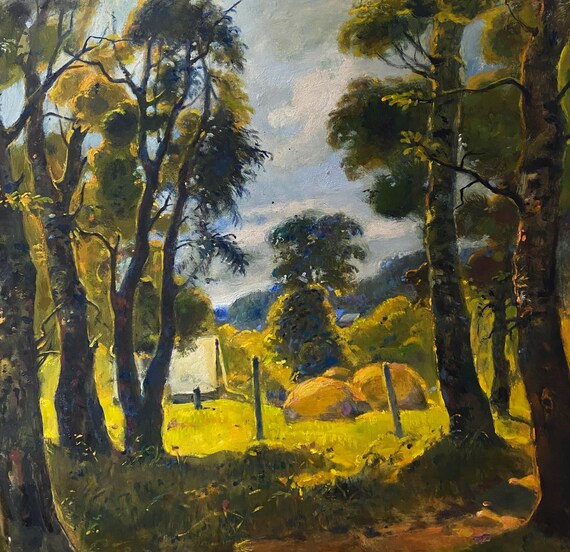 油絵風景画オリジナル、油絵、背の高い木々と干し草の近くの家の静かな