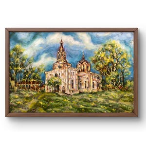 Oil painting landscape original oil painting on canvas summer church landscape handmade art nature unframed green forest wall art