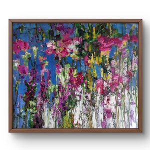 Oil painting abstract original oil painting on canvas purple, green, pink flowers handmade art nature unframed blue background wall art