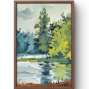 Dipinto ad acquerello paesaggio originale, dipinto su carta, paesaggio lacustre, arte fatta a mano, natura, senza cornice, paesaggio forestale, arte murale