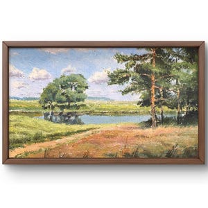 Pintura al óleo paisaje original, pintura al óleo sobre cartón, río rodeado de árboles verdes, cielo azul, arte hecho a mano, enmarcado, arte de pared