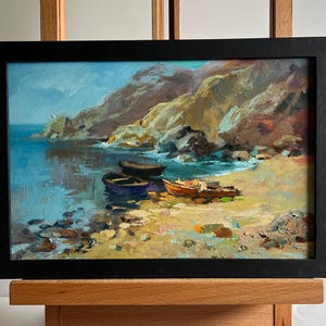 Original Oil Painting: Rocky Seascape with Boats, Coastal Wall Art (20x30 cm unframed cardboard)