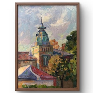 Pintura a óleo paisagem original, pintura em papelão, paisagem da cidade, arte artesanal, natureza, sem moldura, paisagem da igreja, arte de parede