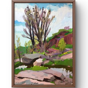 Dipinto a guazzo paesaggio originale, dipinto su carta, paesaggio roccioso, arte fatta a mano, natura, senza cornice, paesaggio fluviale, arte murale