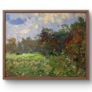 Pintura a óleo paisagem original, pintura a óleo sobre papelão, campo brilhante e exuberante com árvores ao fundo, arte feita à mão, sem moldura