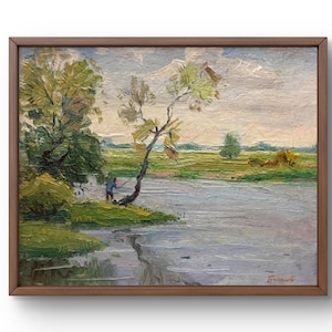 Pintura al óleo paisaje original, pintura al óleo sobre cartón, orilla del río con árboles y hombre rodeando campos, arte hecho a mano, sin marco