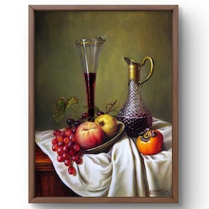 Oil painting still life original, painting on canvas, fruit and wine, handmade art, interior, unframed, realistic still life, wall art