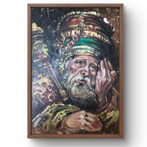 Retrato pintado al óleo original, pintura sobre cartón, retrato de rey, arte hecho a mano, pensativo, sin marco, retrato de abuelo, arte de pared