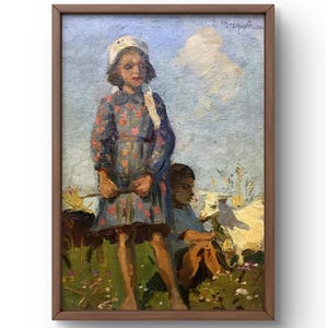 Retrato pintado al óleo original, pintura al óleo sobre cartón, niña con cabras, paisaje pastoral, cielo azul, arte hecho a mano, enmarcado, arte de pared