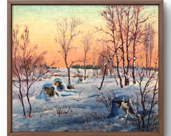 Pintura de acuarela de paisaje original, pintura de acuarela sobre papel, paisaje invernal, cielo al atardecer, arte hecho a mano, sin marco, arte de pared