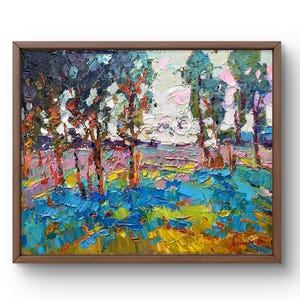 Oil painting landscape original oil painting on canvas summer green forest landscape handmade art nature unframed blue, yellow fields