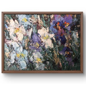 Pintura a óleo abstrata original, pintura a óleo sobre papelão, flores brilhantes abstratas com traços dinâmicos, arte feita à mão, sem moldura, arte de parede