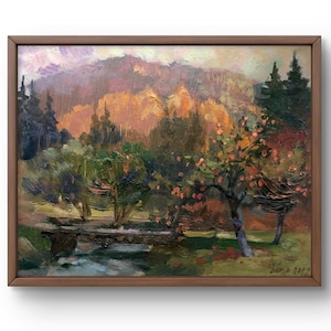 Pintura al óleo paisaje original, pintura sobre cartón, paisaje de río, arte hecho a mano, naturaleza, sin marco, paisaje forestal, arte de pared