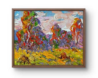 Oil painting landscape original, oil painting on canvas, bright autumn landscape with trees and bright leaves, handmade art, unframed