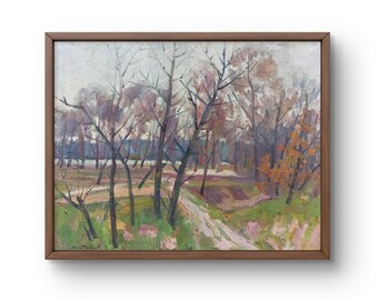 Dipinto a olio originale di paesaggio, dipinto a olio su tela, foresta autunnale con un sentiero che si perde in lontananza, arte fatta a mano, senza cornice, arte murale