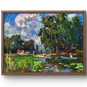 Pintura a óleo paisagem original, pintura em papelão, paisagem de rio, arte artesanal, natureza, sem moldura, cenário de verão, arte de parede