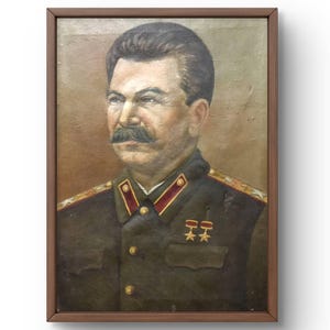 Pintura al óleo realismo social original, óleo sobre cartón, retrato de Stalin, hombre con uniforme militar con medallas, sin marco
