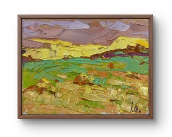 Origineel olieverfschilderij: zomerlandschap op canvas, handgemaakte kunst (4,72 x 6,29 inch)