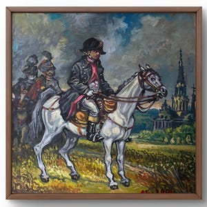 Retrato pintado al óleo original, pintura al óleo, figura militar a caballo con aspecto imponente, arte hecho a mano, sin marco, arte de pared