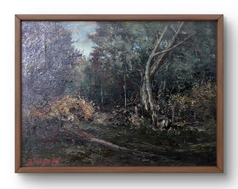 Oil painting landscape original, oil painting on canvas, image of a dense forest with rich texture, handmade art, framed, wall art