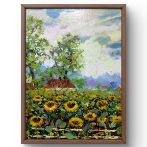Pintura al óleo paisaje original, pintura al óleo sobre cartón, campo de girasoles con árboles al fondo, arte hecho a mano, enmarcado, arte de pared