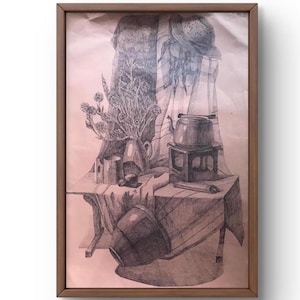Dipinto a matita natura morta originale, dipinto su carta, natura morta d'interni, arte fatta a mano, senza cornice, natura morta con bollitore, arte murale