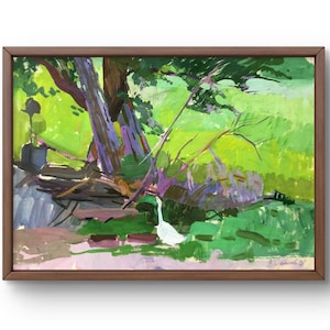 Dipinto a guazzo paesaggio originale, dipinto su carta, paesaggio del villaggio, arte fatta a mano, natura, senza cornice, paesaggio dell'oca, arte murale