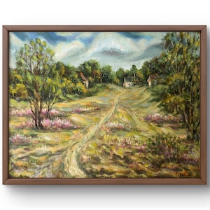 Pintura al óleo paisaje pintura al óleo original sobre cartón verano verde bosque paisaje arte hecho a mano naturaleza enmarcado gris nublado arte de pared