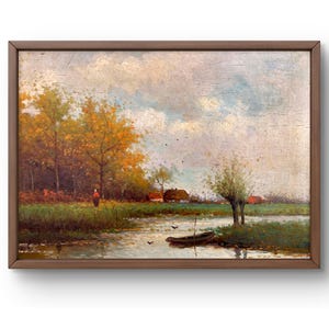 Oil painting landscape original, oil painting, rural landscape with lush trees, calm river with houses, handmade art, framed, wall art