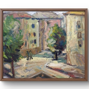 Pintura a óleo paisagem original, pintura a óleo sobre papelão, paisagem urbana com rua cercada por casas e árvores, arte feita à mão, sem moldura