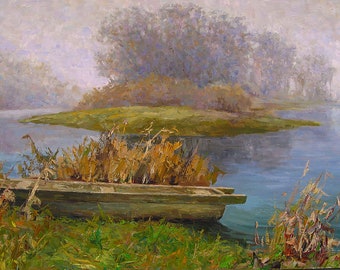 Oil painting Morning fog /  Serdyuk Boris Petrovich oil painting river painting  landscape art  landscape painting nSerb14