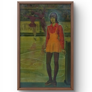Pintura a óleo realismo social original, pintura a óleo sobre papelão, patinadora artística na arena de gelo em traje brilhante, arte feita à mão, emoldurada